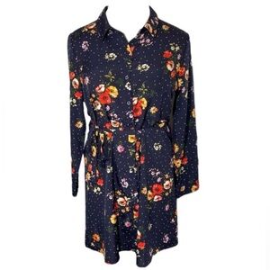 Allegra-K Floral Mini Shirt Dress Button Down Long Sleeve Polka Dots Collar New